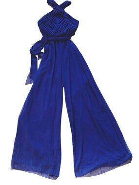 NWT Badgley Mischka  Sz 2 Pleated Bodice Halter Jumpsuit Wide Leg Blue
